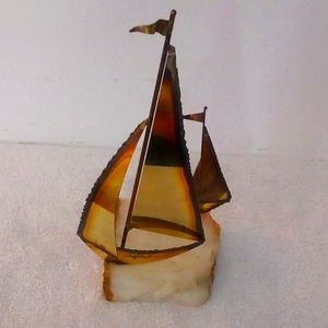 1970's Metal Art Sailboats Sculpture on a Onyx Base
